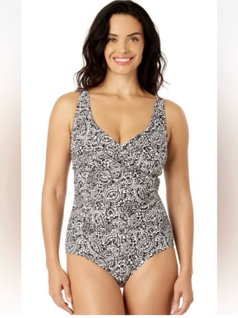 Lands End Black & White Paisley One-Piece Swimsuit NWOT Adjustable Straps Ruched